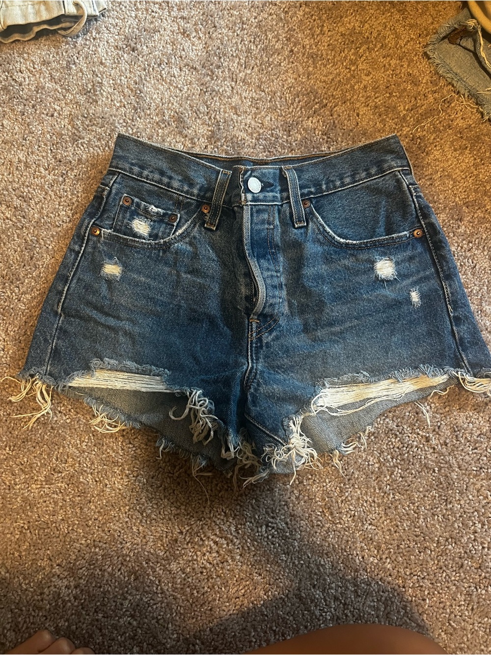 Levi's Dark Blue Distressed High-Rise Jean Shorts